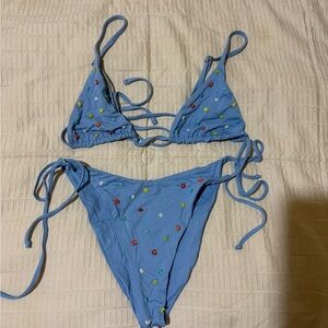 Blue Bikini with Floral Embroidery
